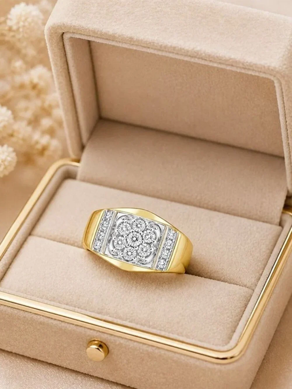 Genuine Diamond Men's Ring Solid 14k Yellow Gold